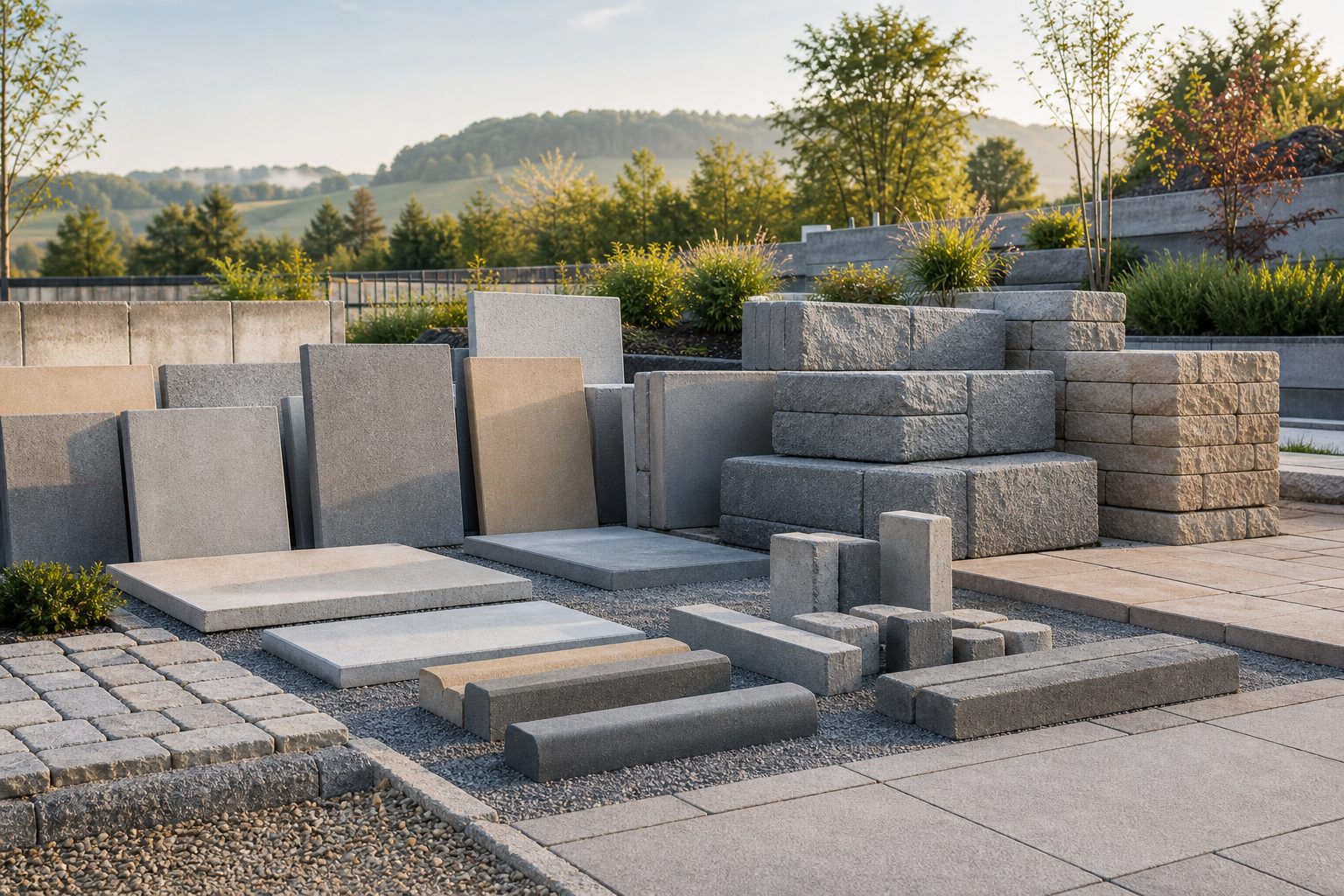 Auswahl an Pflastersteinen, Terrassenplatten, Randsteinen und Gartenmauern aus Beton